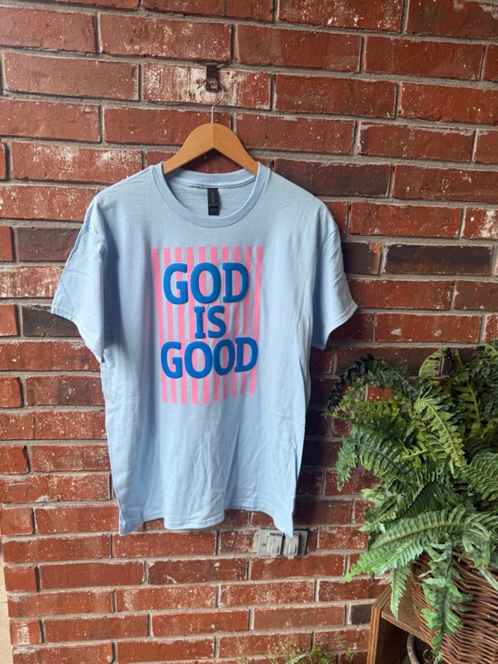 Light Blue Tee with Pink Stripe and Blue 'God Is Good' Graphic NWOT